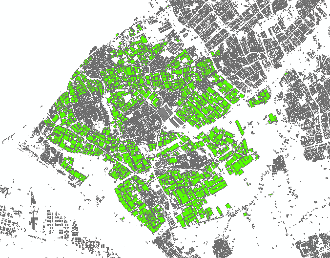 Deze figuur toont een TOP10NL-kaart van het Westland met daarop groene vlakken die de selectie GEBOUW_TYPEGEBOUW: “kas, warenhuis” aangeven.