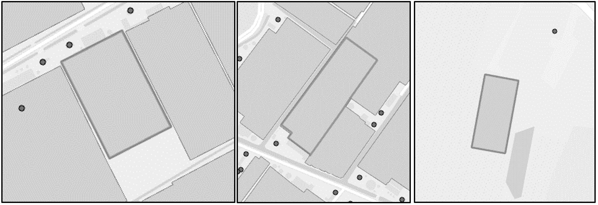 Deze figuur toont drie fragmenten van kaarten uit TOP10NL, met verblijfsobjecten binnen respectievelijk 20, 35 en 50 meter van een kas.