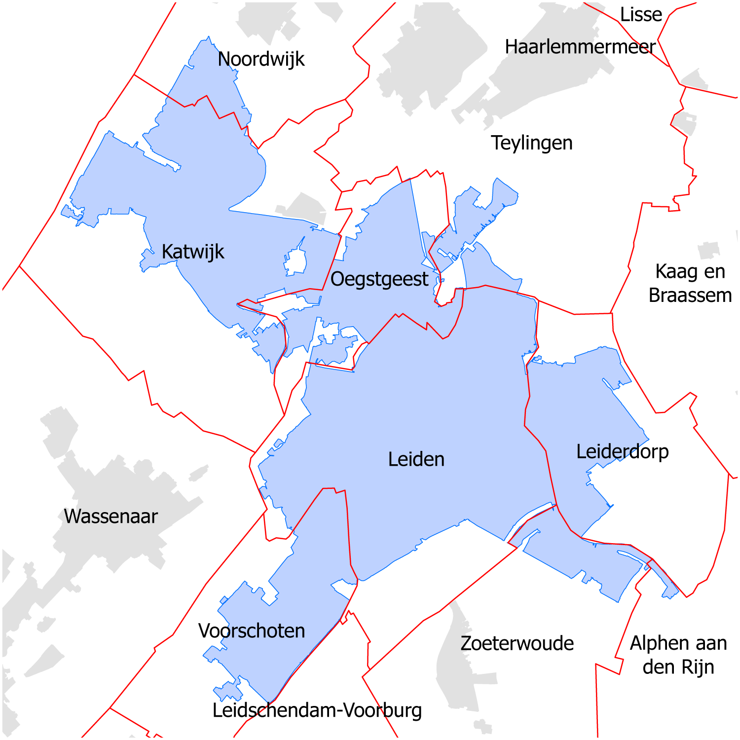 De bevolkingskern Groot-Leiden spreidt zich uit over 9 gemeenten