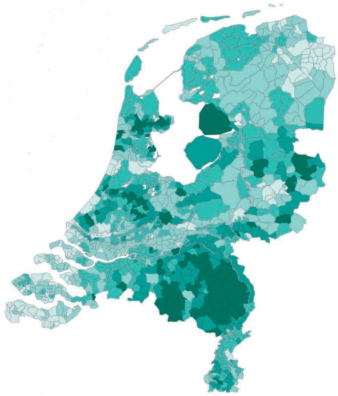 Kaartje om een indruk te geven van de huwelijkse vruchtbaarheid in 1960. Opvallendste uitschieters zijn zuidoostelijk Noord-Brabant, noordelijk Zuid-Limburg en de Noordoostpolder met 150 levendgeborenen per 100 gehuwde vrouwen
