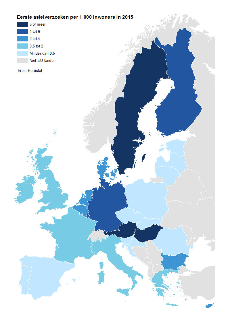 Eerste asielverzoeken per 1000 inwoners in 2015 EU-landen