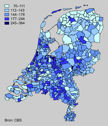 Gemiddelde woningwaarde per gemeente, 2002 (x 1 000 euro)