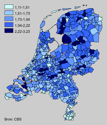 Fertility rate per municipality, 2002