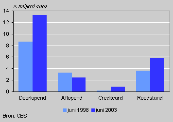 Uitstaande schuld naar kredietvorm, medio 1998 en 2003