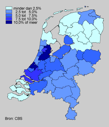 Percentage of Muslims in the population per COROP area, 1 January 2003