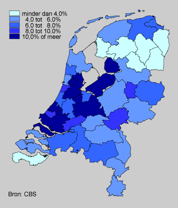 Percentage of non-western foreigners in the population per COROP area, 1 January 2003