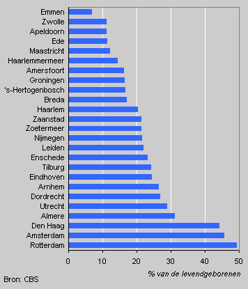 Non-western foreign live births in the 25 largest municipalities, 2002