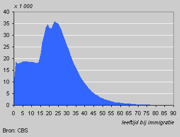 Eerste generatie niet-westerse allochtonen naar leeftijd tijdens immigratie, 1 januari 2003