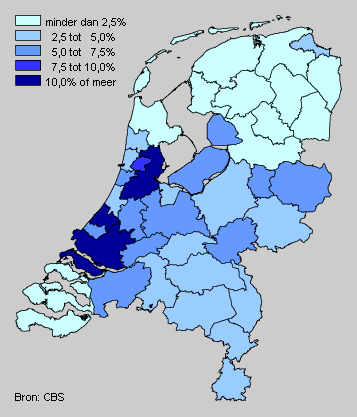Aandeel islamieten per COROP-gebied, 1 januari 2004