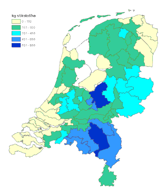 Stikstofuitscheiding van de gehele veestapel per landbouwgebied, 2000