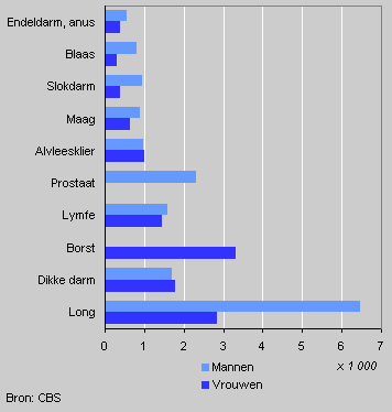 Aantal sterfgevallen naar type kanker, 2004