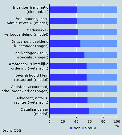 Beroepsgroepen met evenwichtige verdeling naar geslacht, 2004 
