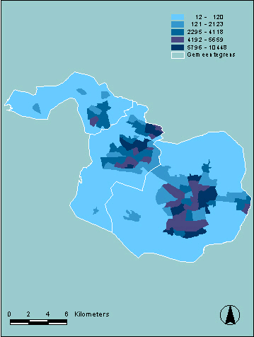 Aantal inwoners per km2 per buurt