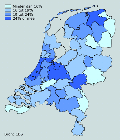 Aandeel hoogopgeleide vrouwen naar (sub)coropgebied, 2002/2004