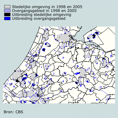 Uitbreiding gebieden met stedelijke omgeving  en overgangsgebied, 1998–2005