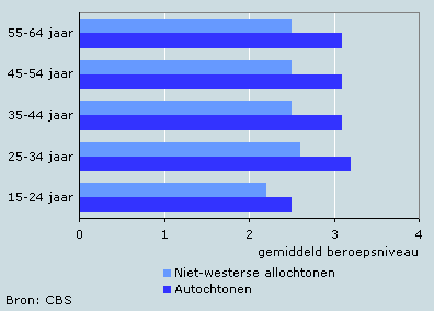 Beroepsniveau naar herkomst en leeftijd, 2002/2005