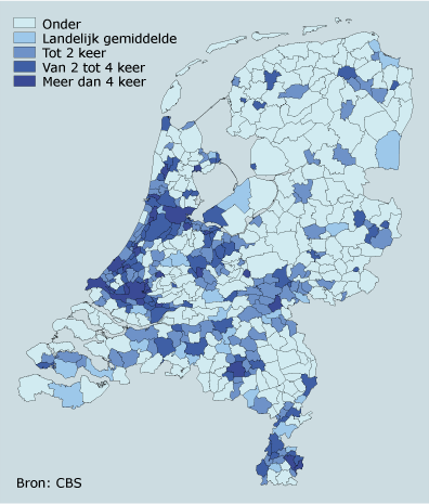 Aandeel bebouwd gebied t.o.v. landelijk gemiddeld (14,6%), 2003