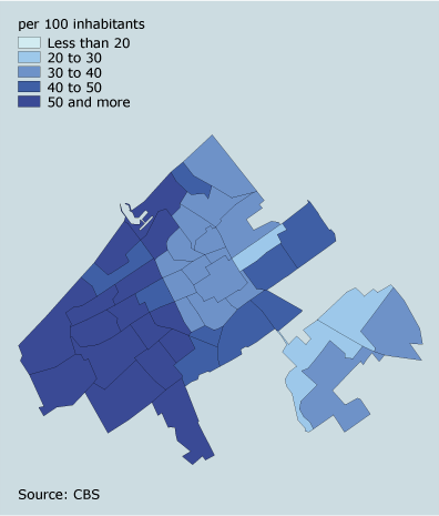 Share of persons born in The Hague, by municipal district, 2004