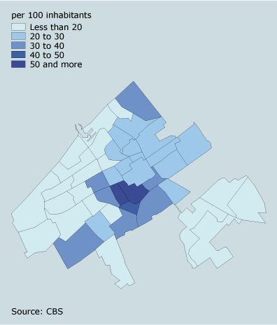 Proportion of Hague residents born abroad by municipal district, 2004