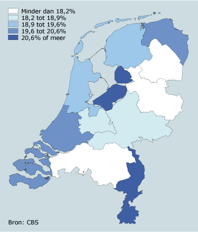 Personen met minder goede gezondheid naar provincie, 2004/2007