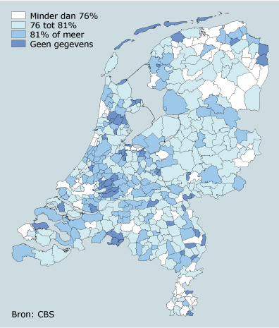 Brutoarbeidsparticipatie van mannen per gemeente, 2005-2007