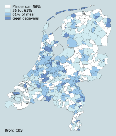 Brutoarbeidsparticipatie van vrouwen per gemeente, 2005-2007
