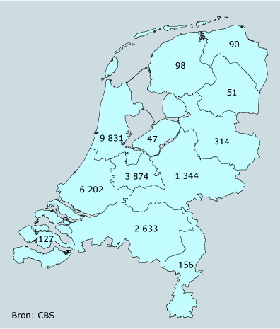 Aantal woningen van 1 miljoen euro en hoger, 1 januari 2008