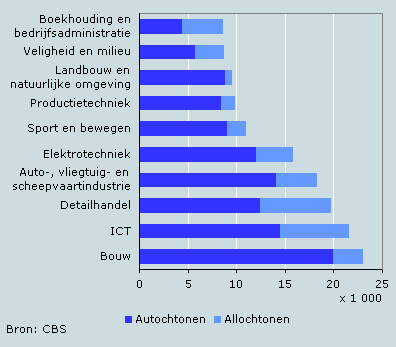 Tien populairste opleidingsrichtingen onder mannen in het mbo, 2007/’08*