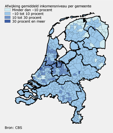 Afwijking gemiddeld  inkomensniveau per gemeente, 2008 