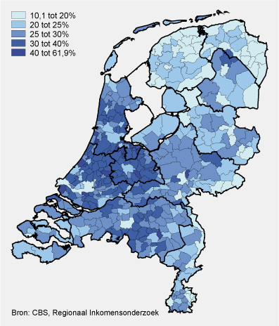 Aandeel huishoudens met een hoog inkomen naar gemeente, 2007