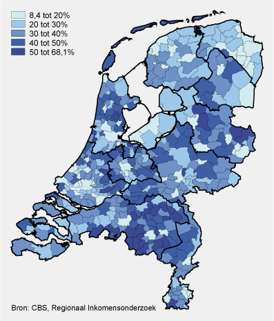 Aandeel huishoudens met een groot vermogen naar gemeente, 1 januari 2008
