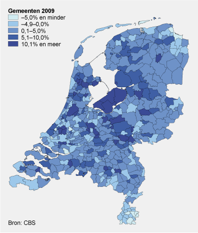 Bevolkingsgroei 1999-2009, gemeentelijke indeling 1999