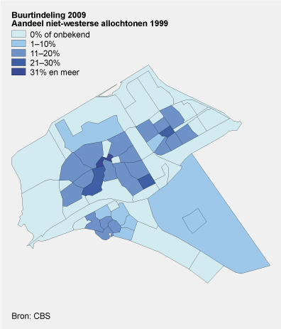 Kaart 5. Aandeel niet-westerse allochtonen in Almere in 1999 volgens de buurtindeling van 2009