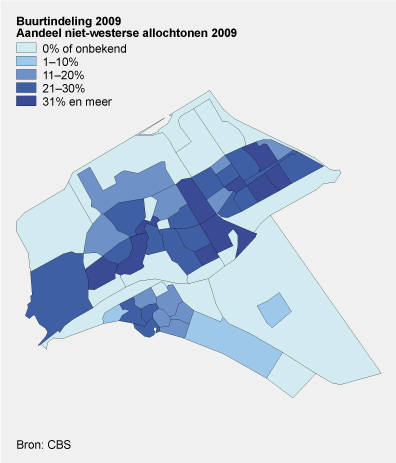 Aandeel niet-westerse allochtonen in Almere in 2009 volgens de buurtindeling van 2009