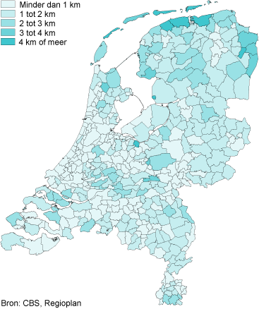 Afstand tot dichtstbijzijnde locatie buitenschoolse opvang per gemeente, 2010