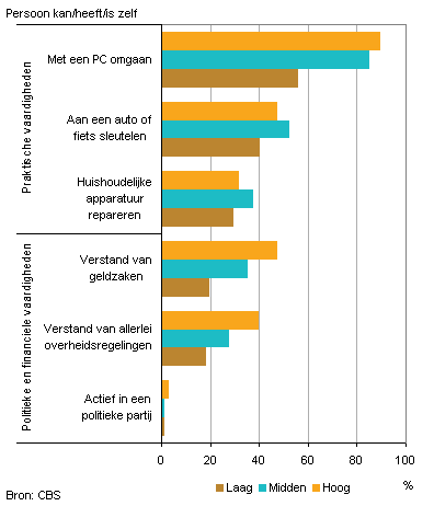 Grafiek 10. Aandeel van de Nederlandse bevolking van 18 jaar en ouder met bepaalde vaardigheden naar opleiding, 2010