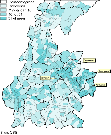 Aandeel bijstandsuitkeringen op duizend huishoudens per buurt in Zuid-Limburg, 2010