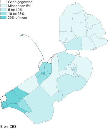 Aandeel inwoners met Amsterdam als geboortegemeente, 1 januari 2012* (wijkindeling 2011)