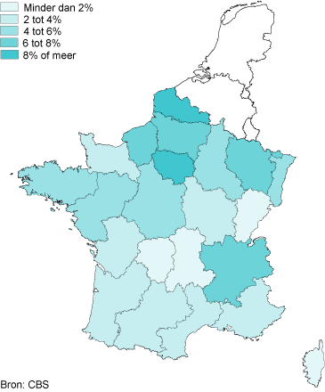 Aandeel Franse regio’s in totaal vervoerd gewicht van Nederland naar Frankrijk, 2010