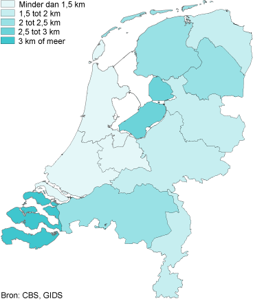 Afstand tot dichtstbijzijnde bibliotheek per provincie, 2012