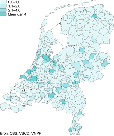 Aantal theaters binnen een afstand van 5 kilometer per gemeente, 2011