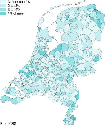 Aandeel jongeren t/m 18 jaar met jeugdzorg, per gemeente, 2012