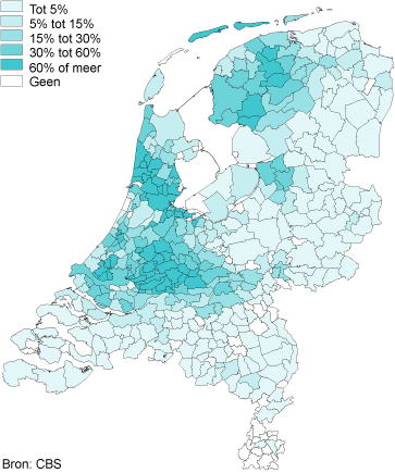 Percentage grasland met maaiveldgreppels per gemeente, 2012
