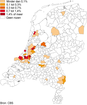 Percentage landbouwgrond voor rozenteelt, 2014