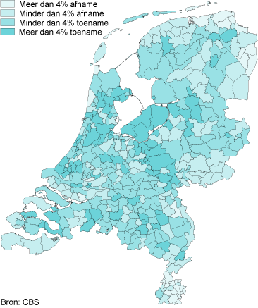 Relatieve bevolkingsontwikkeling per gemeente tussen mei 2004 en mei 2014 (%)