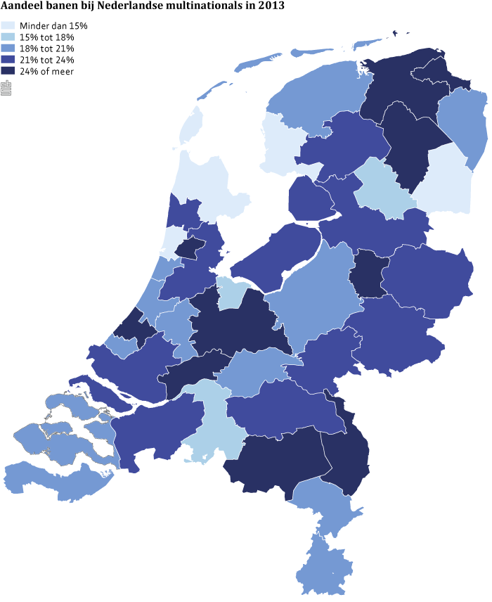 Aandeel banen bij Nederlandse multinationals in 2013