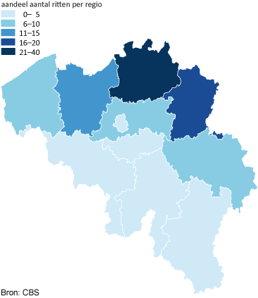Aandeel aantal ritten van Nederland nar België per regio