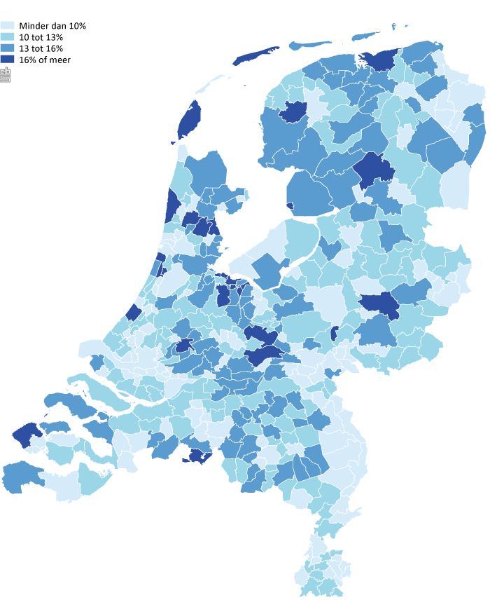 Aandeel zzp’ers in werkende bevolking naar gemeente, 2013