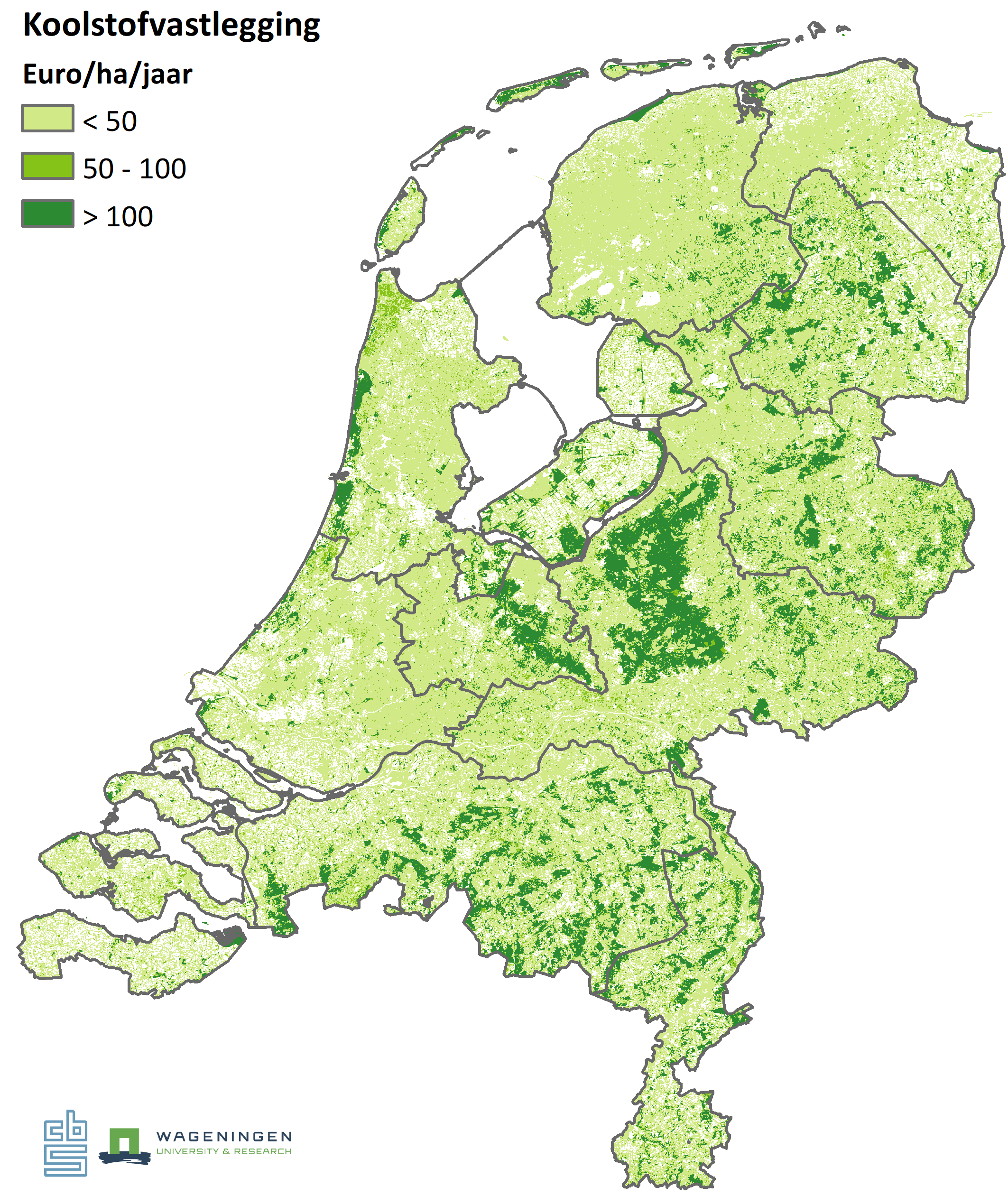Deze figuur beschrijft een kaart van Nederland waarin de vermeden kosten van klimaatverandering te zien zijn ten aanzien van de koolstof die in 2015 is vastgelegd in biomassa. 