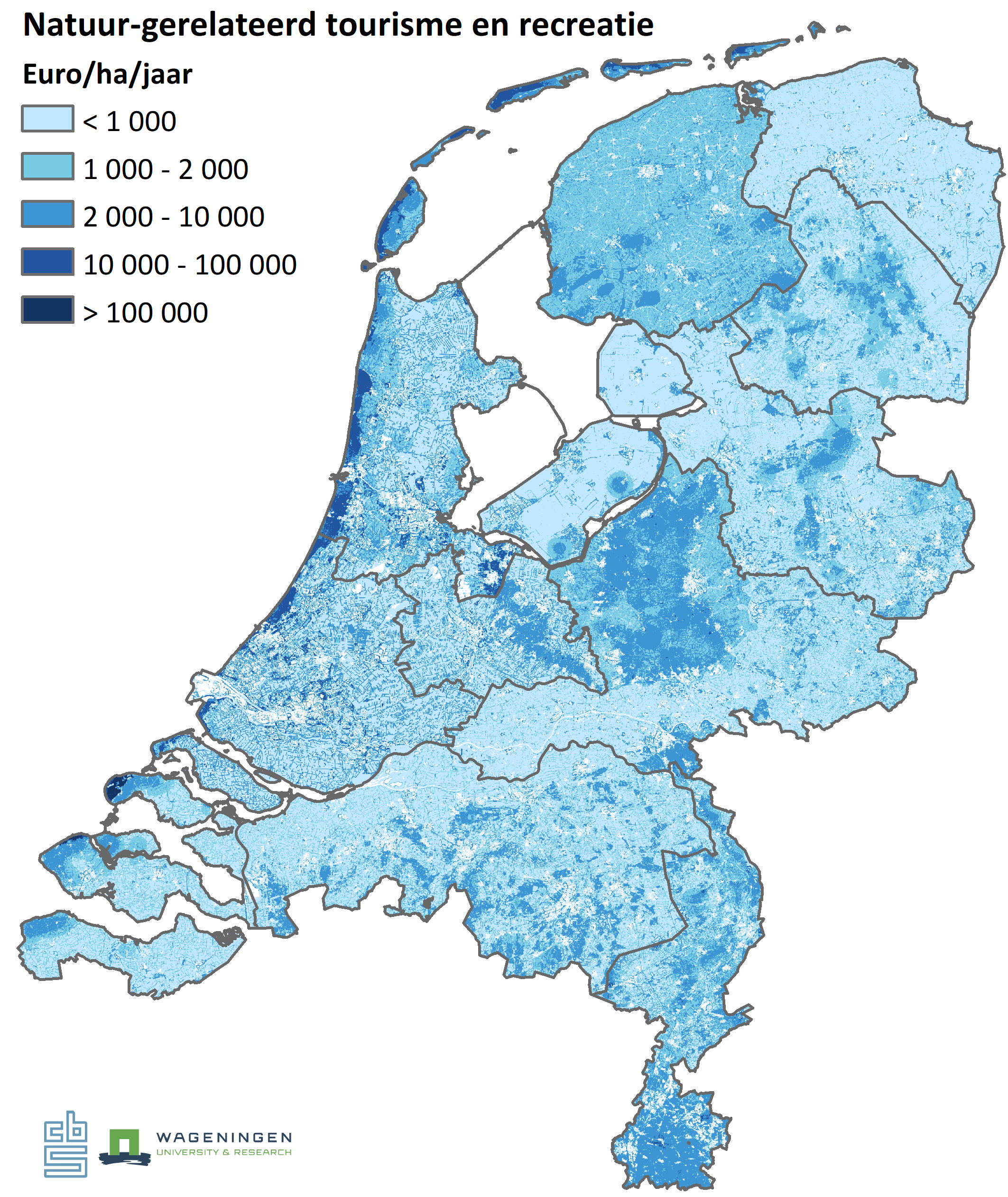 Deze figuur beschrijft een kaart van Nederland waarin de consumptieve bestedingen aan natuur-gerelateerd toerisme en recreatie te zien zijn. 